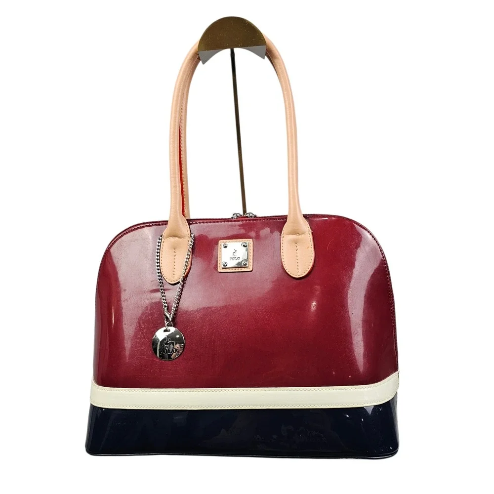 Polo Red Navy Blue Colorblock Patent Dome Satchel Bag Silver‎ Hardware Charm